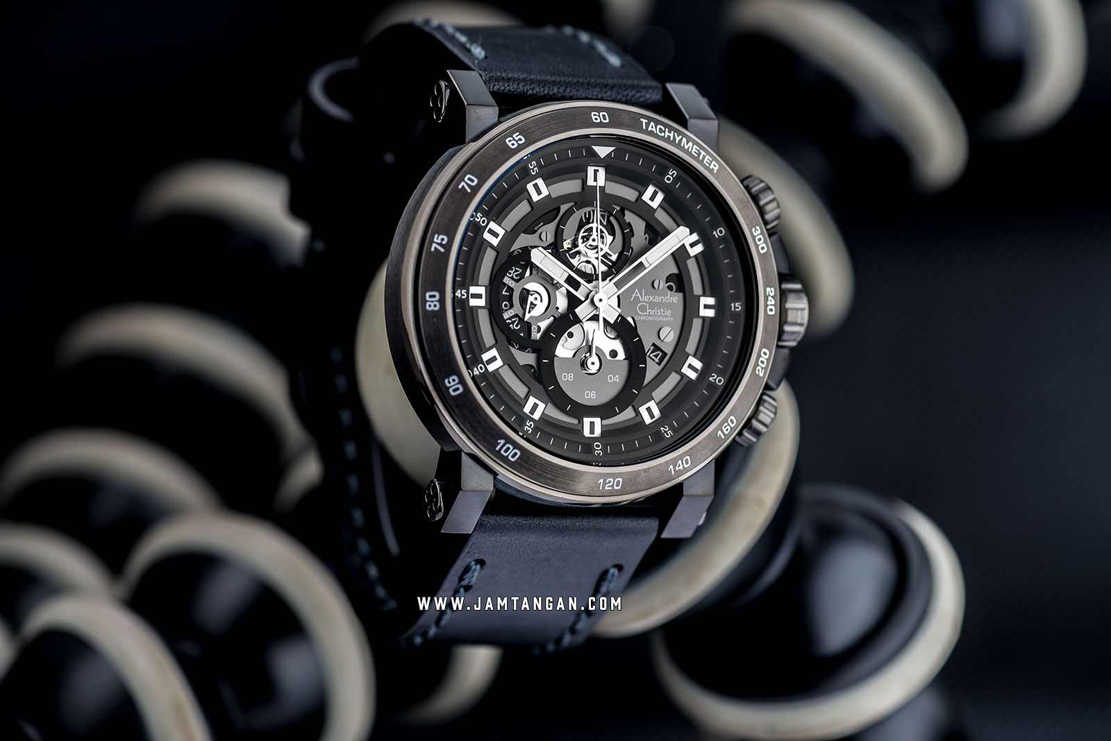 Alexandre Christie ACF-6429-MCLEPBA Sport Chronograph Men Skeleton Dial Black Leather Strap Machtwatch