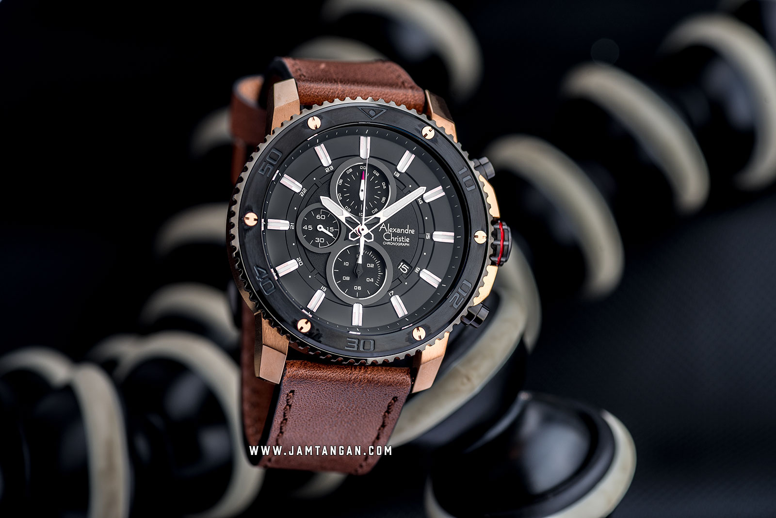 Alexandre Christie AC 6509 MC LBRBA Sport Chronograph Men Black Dial Brown Leather Strap Machtwatch