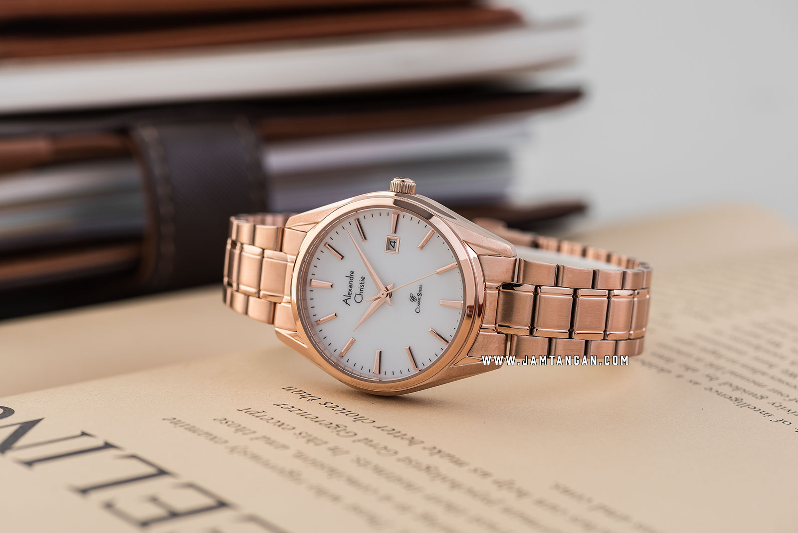 Alexandre Christie AC 8554 LD BRGSL Ladies Silver Gold Dial Rose Gold Stainless Steel Strap Machtwatch