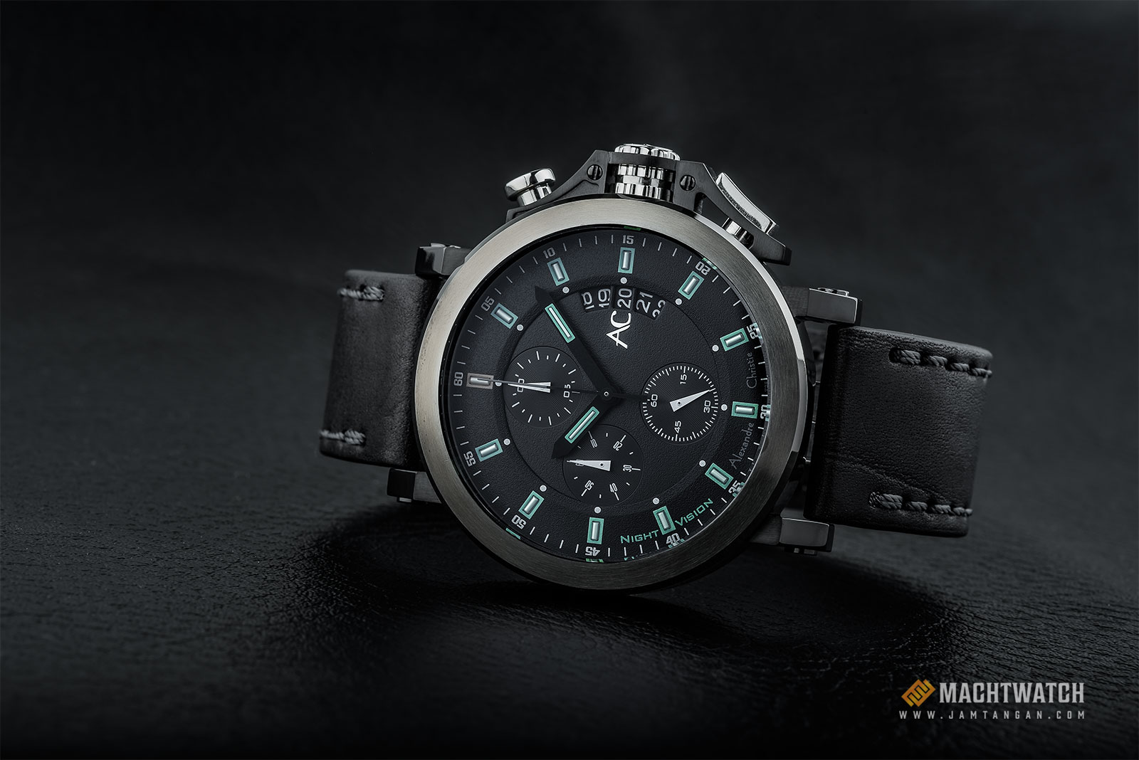 Alexandre Christie AC 9200 NM CLBGBA Night Vision Chronograph Black Dial Black Leather Strap Machtwatch