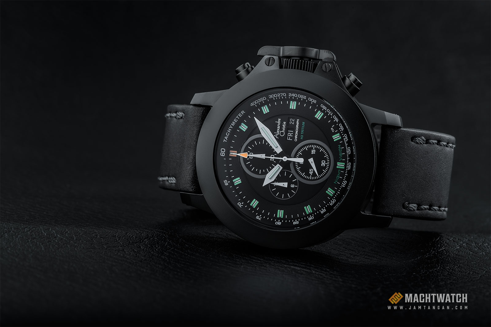 Alexandre Christie AC 9207 NM CLIPBA Night Vision Chronograph Black Dial Black Leather Strap Machtwatch