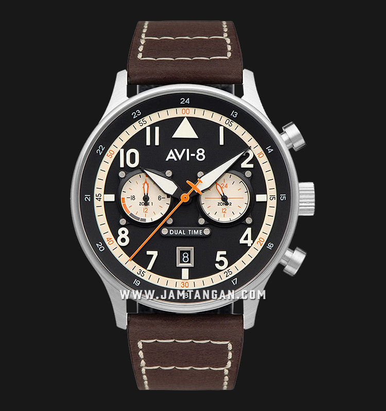 AVI8 Hawker Hurricane AV408801 Carey Dual Time Men Black Dial Dark Brown Leather Strap