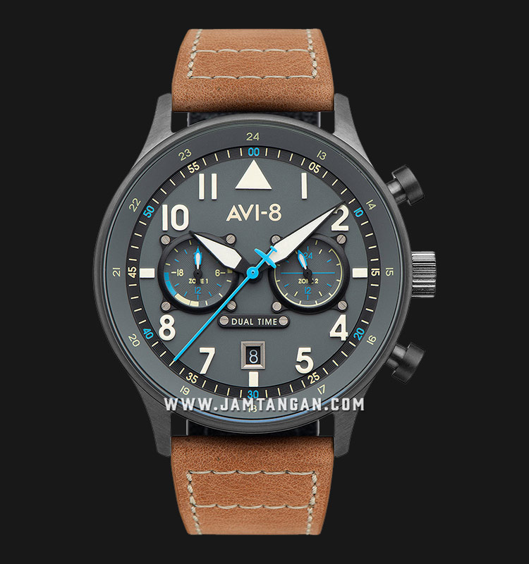 AVI8 Hawker Hurricane AV408804 Carey Dual Time Men Grey Dial Brown Leather Strap