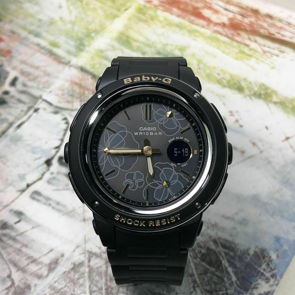 Casio Baby-G BGA-150FL-1ADR Black Floral Patterns Dial Black Resin Band Machtwatch