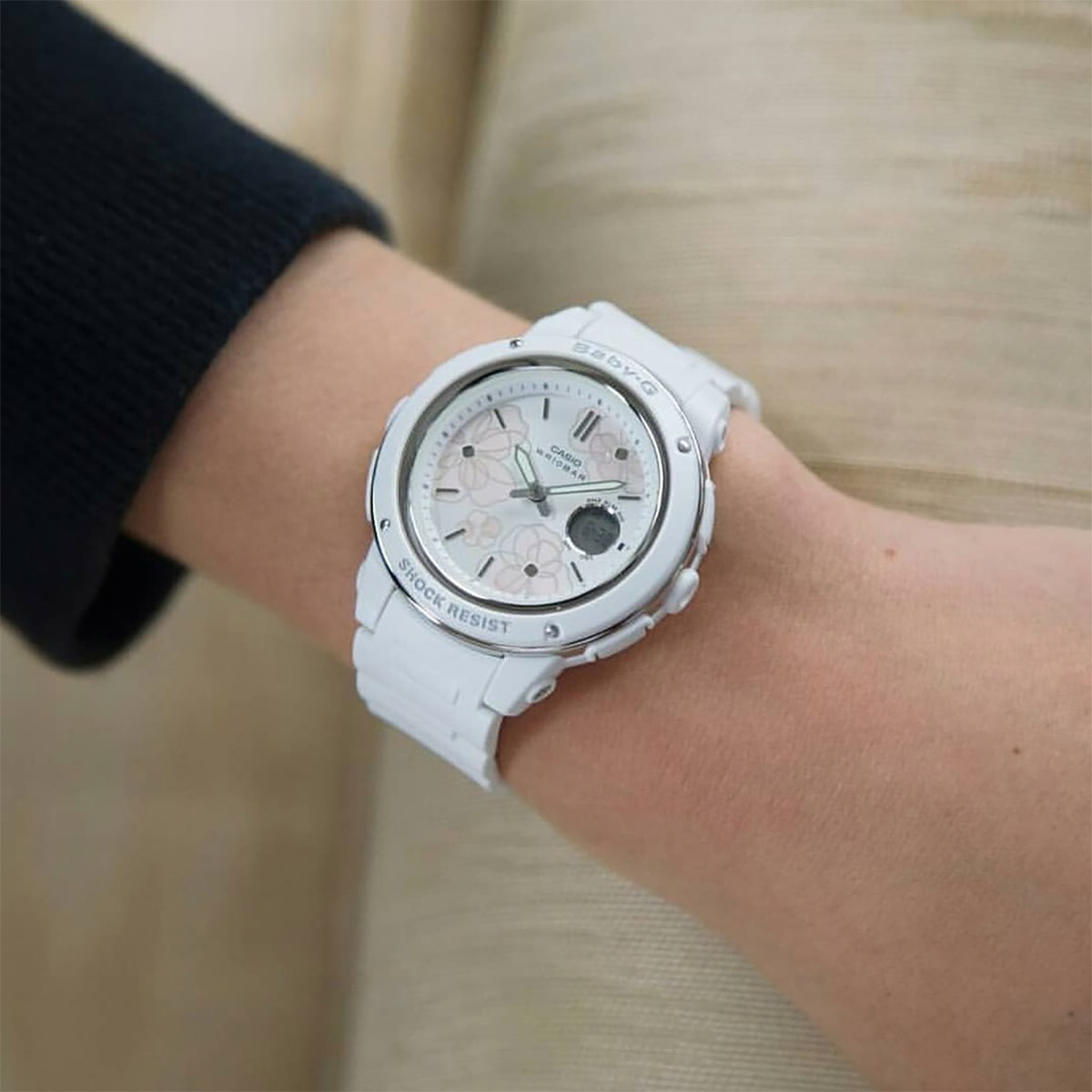 Casio Baby-G BGA-150FL-7ADR White Floral Patterns Dial White Resin Band Machtwatch