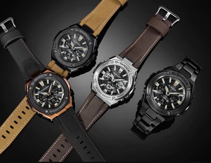 Casio G-Shock GST-S120L-1BDR G-Steel Black Digital Analog Dial Tan Tough Leather Strap Machtwatch