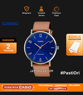 Casio MTP-VT01L-2B2 - Orologio analogico da uomo, con quadrante blu minimalista, cinturino in pelle marrone chiaro