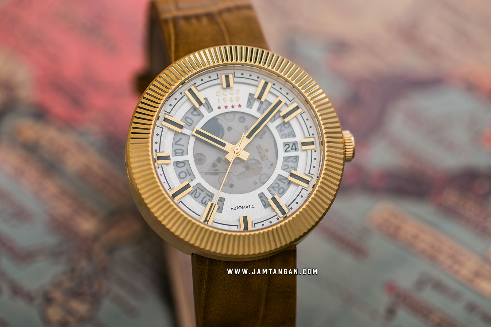 CCCP Monino CP-7025-04 Automatic Men White Skeleton Dial Tan Leather Strap Machtwatch