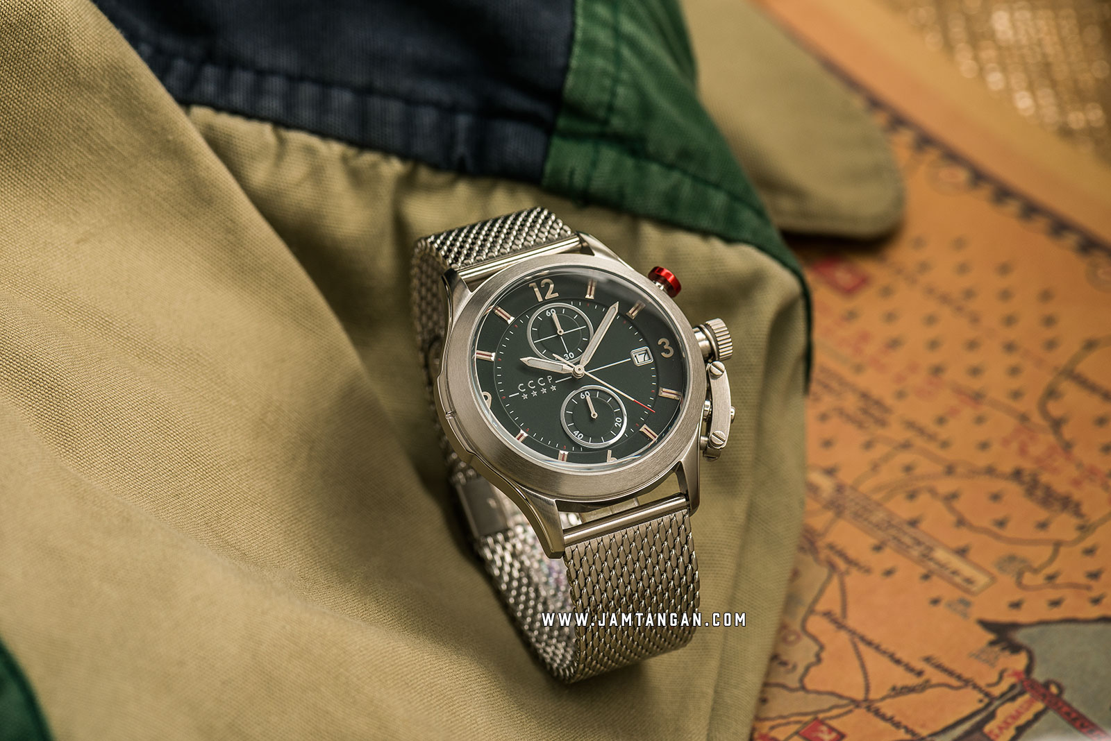CCCP Shchuka CP-7033-22 Chronograph Men Dark Green Dial Mesh Strap Machtwatch