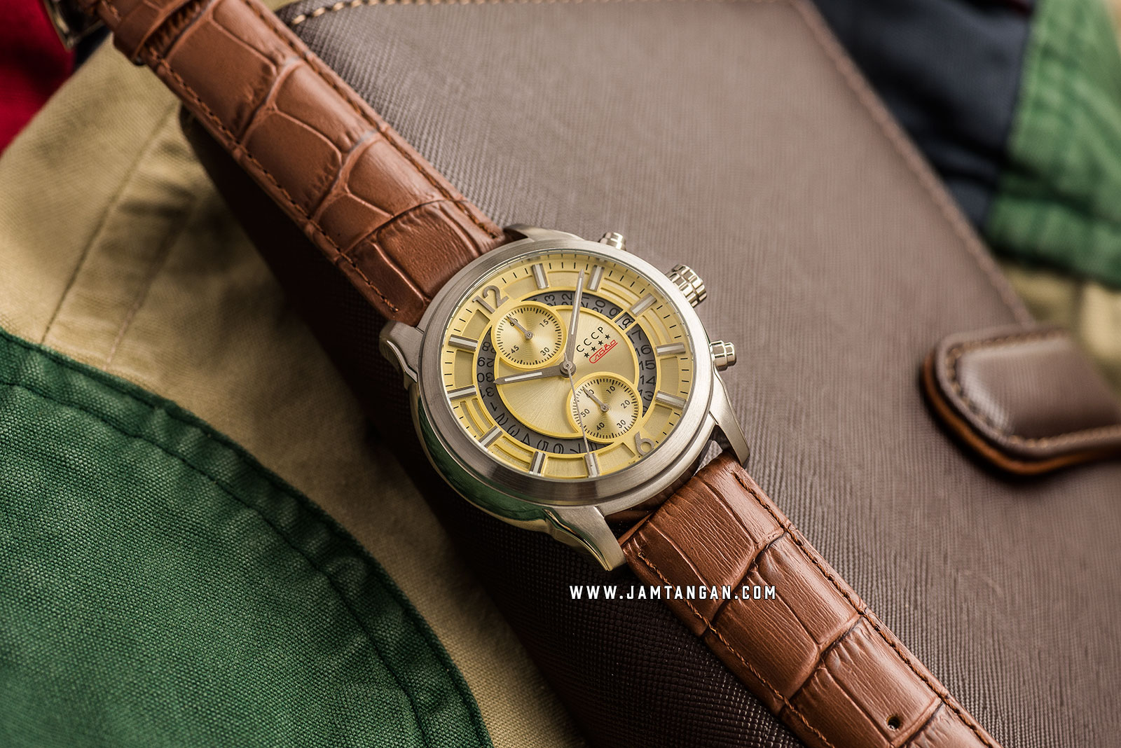 CCCP Balaklava CP-7038-05 Chronograph Men Champagne Dial Brown Leather Strap Machtwatch