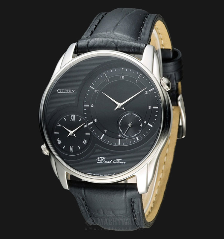 Citizen AO3009-04E Dual Time Men Black Dial Black Leather Strap |  Jamtangan.com