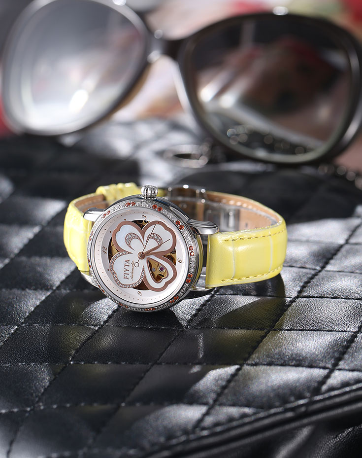 FIYTA Women Mechanical Watch Yellow Leather Strap DLA8362.WWSD Machtwatch