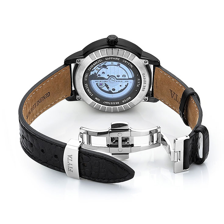 FIYTA Men Photographer Automatic GA8480.BBB Black Dial Black Leather Strap Machtwatch