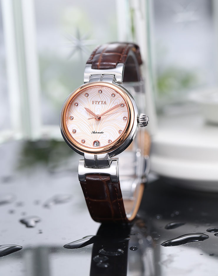 FIYTA Ladies Heartouching Automatic Watch Brown Leather Strap LA8402.MWR Machtwatch