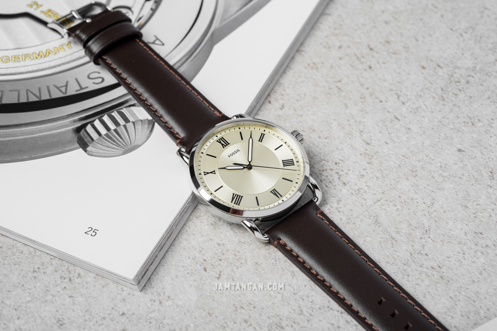 Fossil FS5663 Copeland Mens Beige Dial Dark Brown Leather Strap |  Jamtangan.com