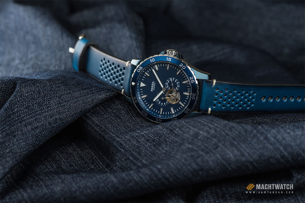 Fossil ME3149 Men Crewmaster Sport Automatic Blue Skeleton Dial Blue Leather Strap Machtwatch