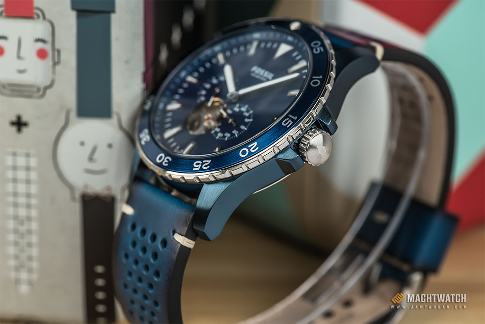Fossil ME3149 Men Crewmaster Sport Automatic Blue Skeleton Dial Blue Leather Strap Machtwatch