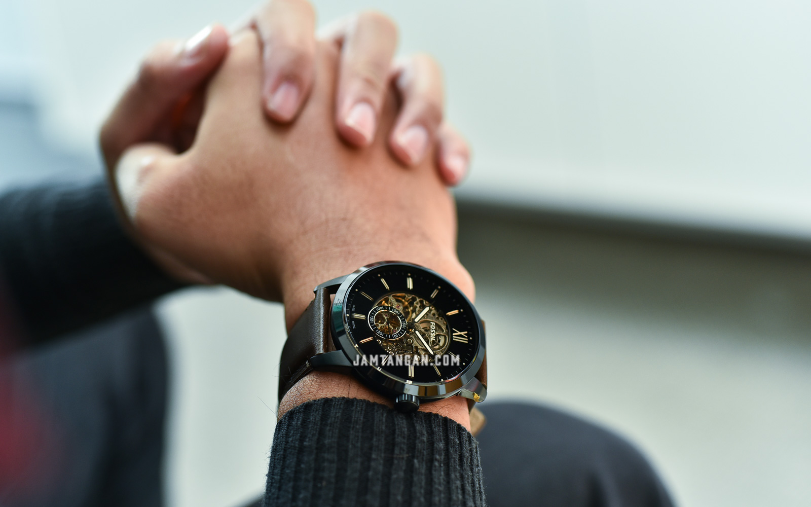 Black Skeleton Dial Brown Leather Strap 