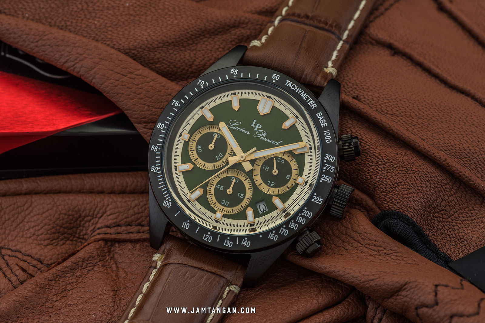 Lucien Piccard Heston LP-28018C-BB-08-BRW Chronograph Green Dial Brown Leather Strap Machtwatch