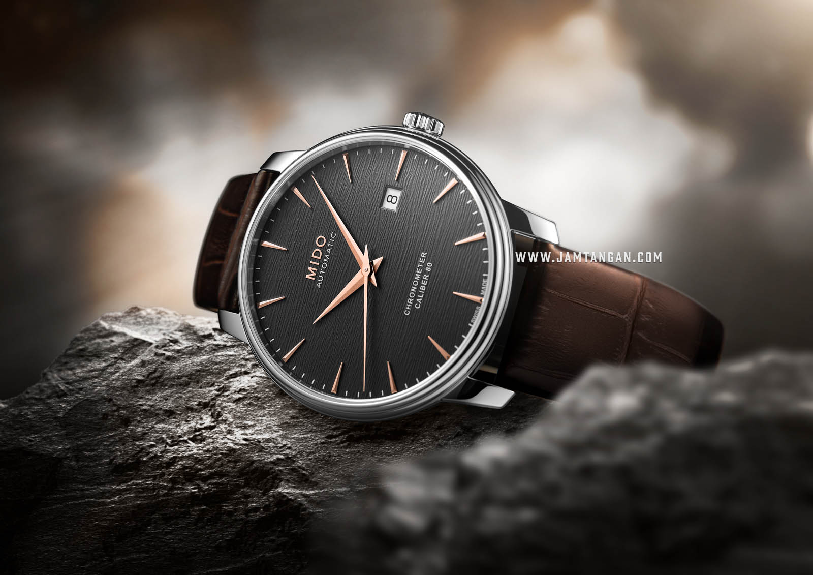 Mido M027.408.16.061.00 Baroncelli Chronometer Silicon Automatic Anthracite Dial Brown Leather Strap Machtwatch