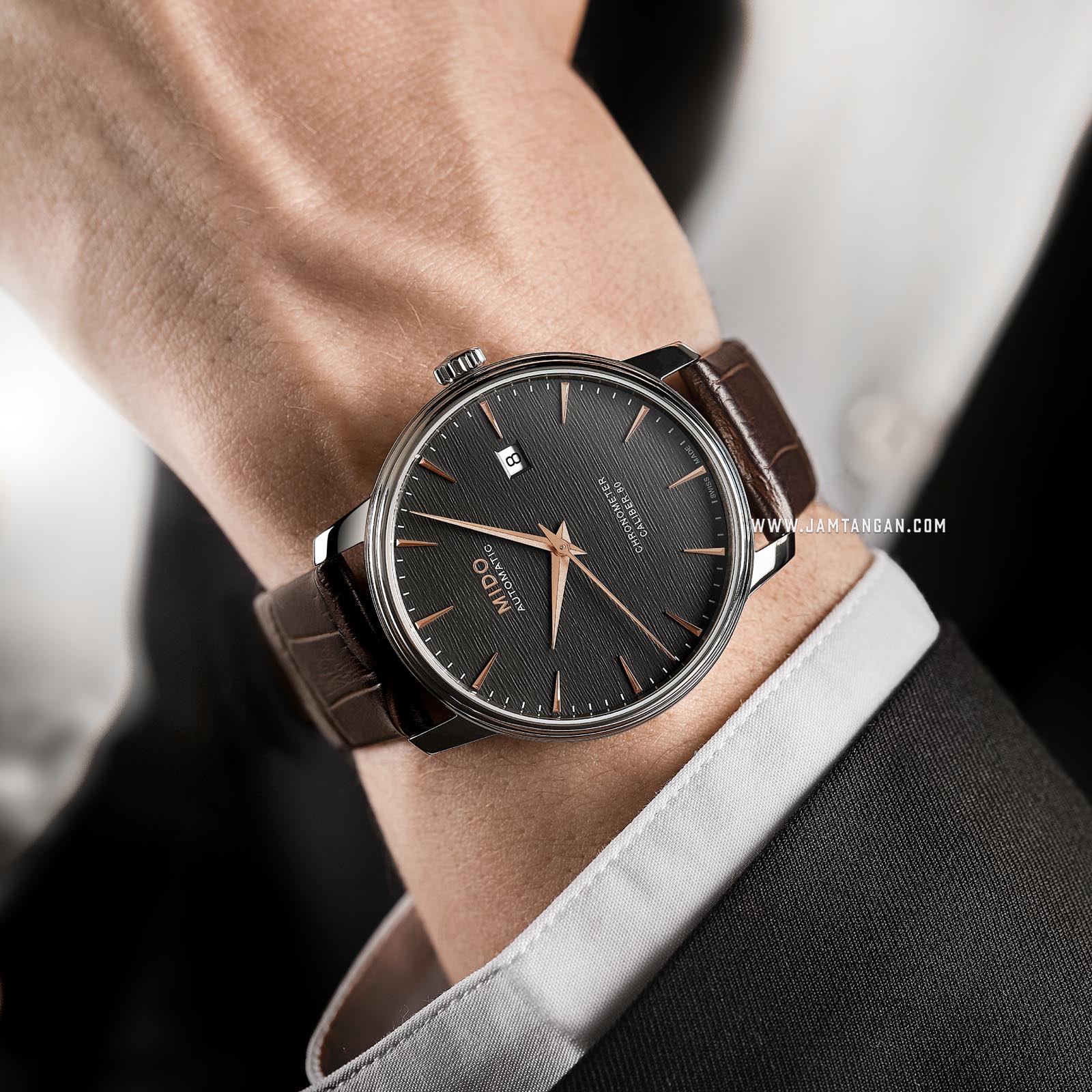 Mido M027.408.16.061.00 Baroncelli Chronometer Silicon Automatic Anthracite Dial Brown Leather Strap Machtwatch