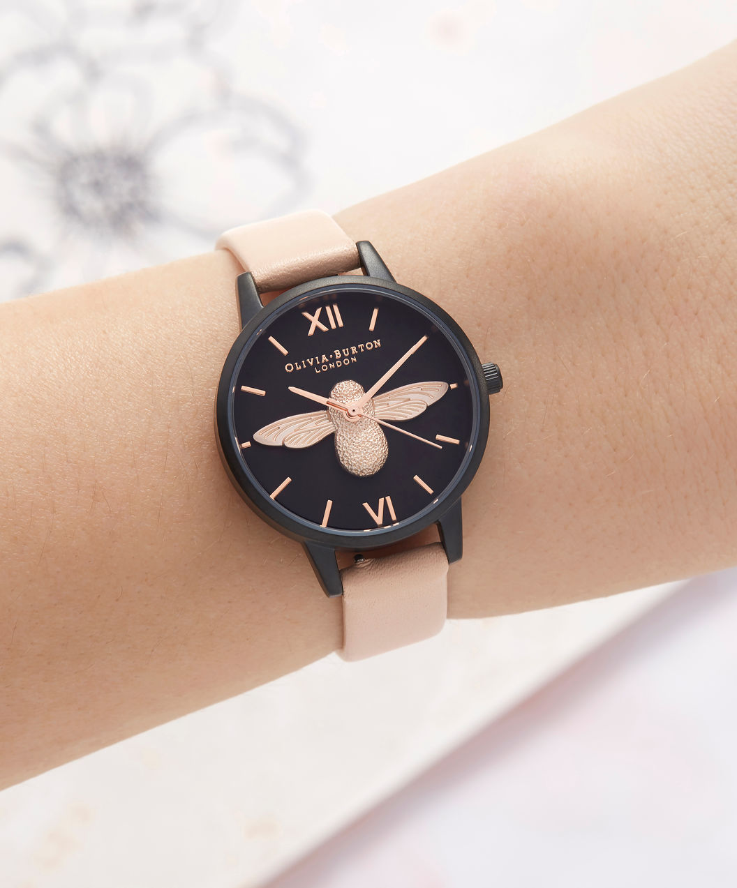 Olivia Burton OB16AD40 After Dark 3D Bee Nude Peach Ladies Dual Color Dial Biege Leather Strap Machtwatch
