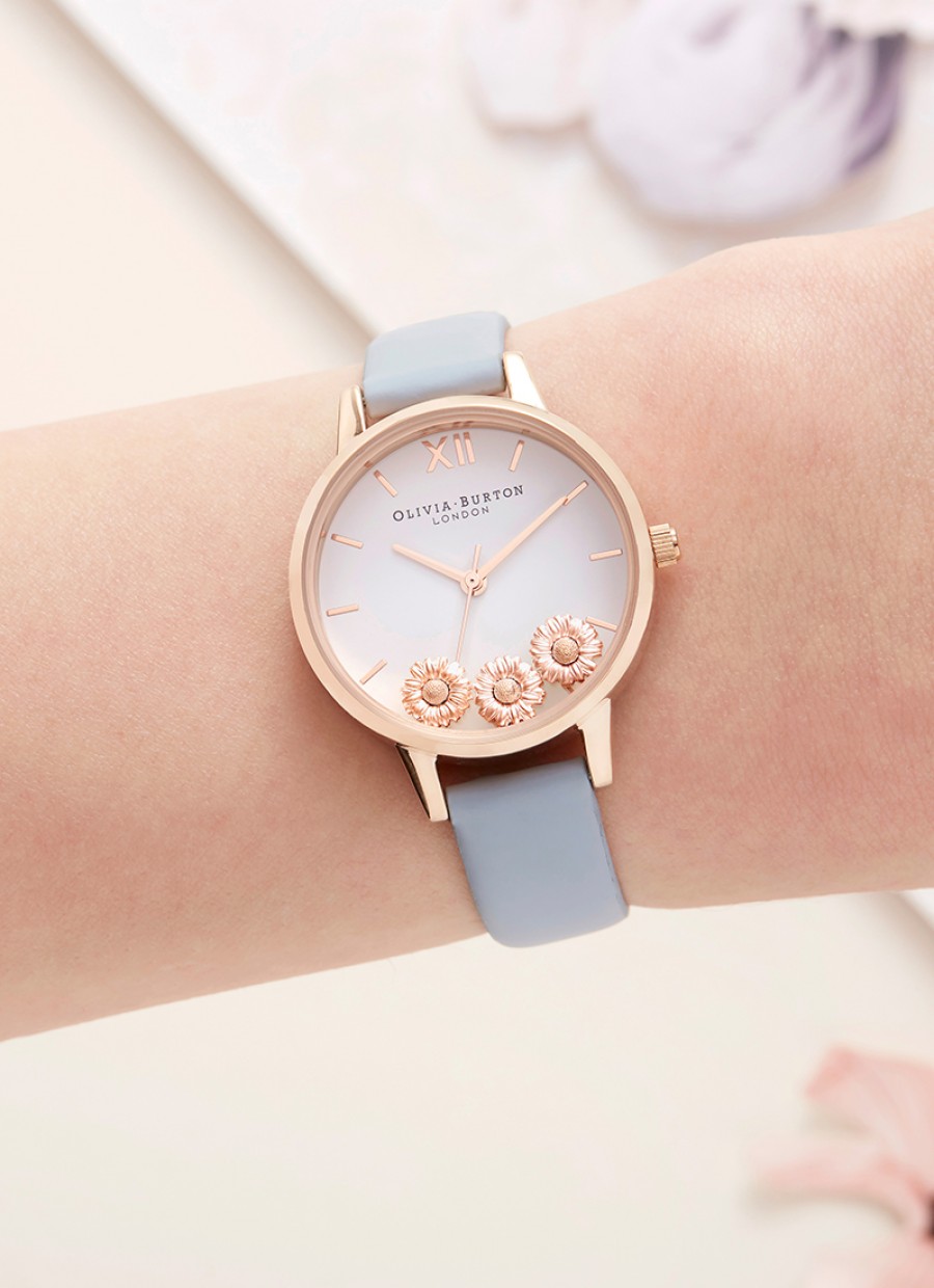 Olivia Burton OB16CH04 Dancing Daisy Ladies White Dial Blue Leather Strap Machtwatch
