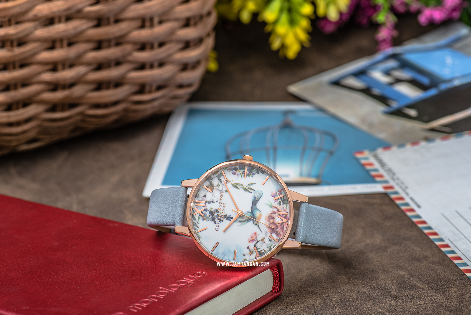 Olivia Burton Painterly Prints OB16EG146 Vegan Floral Bird Motif Dial Blue Leather Strap Machtwatch