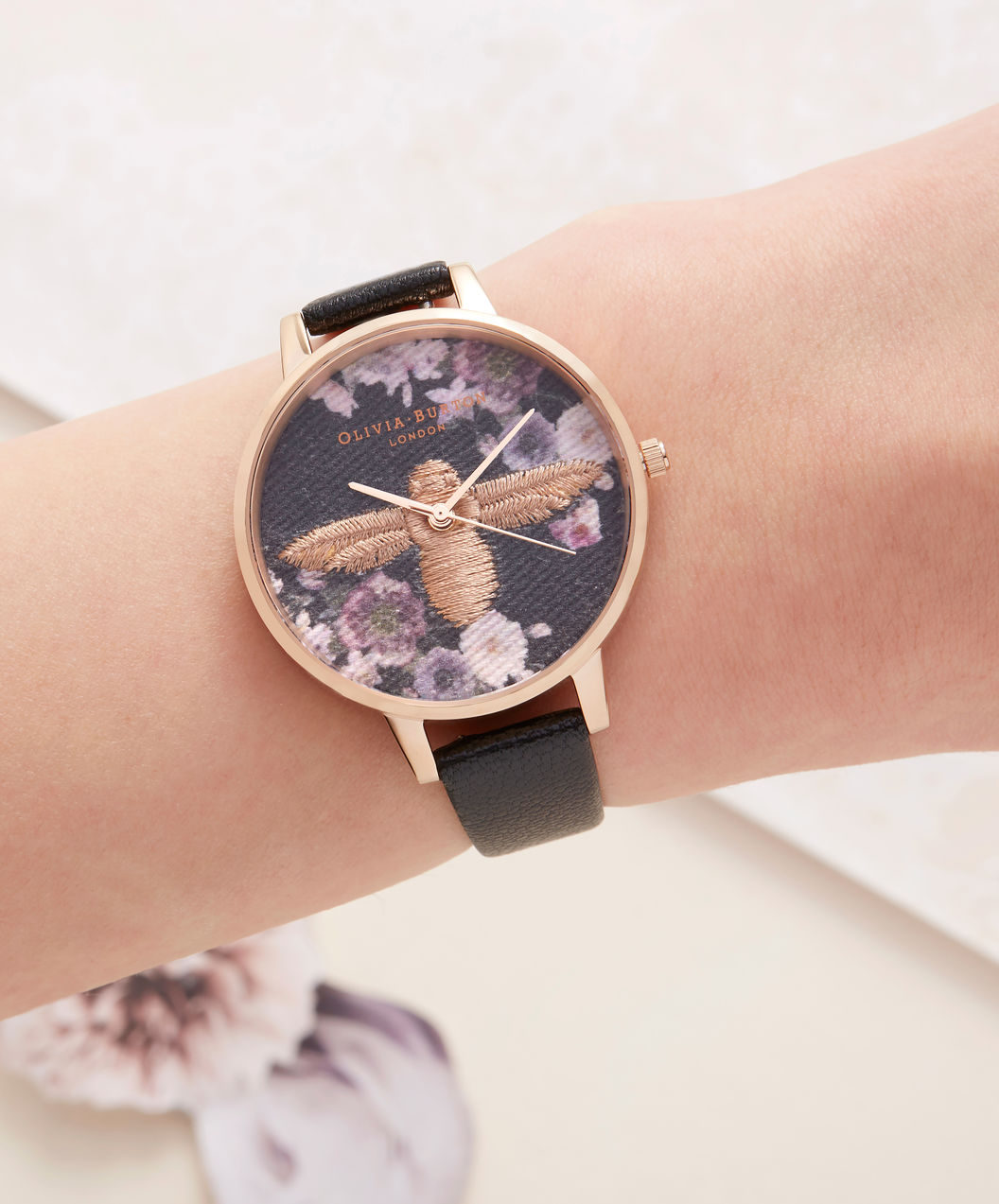 Olivia Burton OB16EM02 Embroidered Ladies Multicolor Dial Black Leather Strap Machtwatch