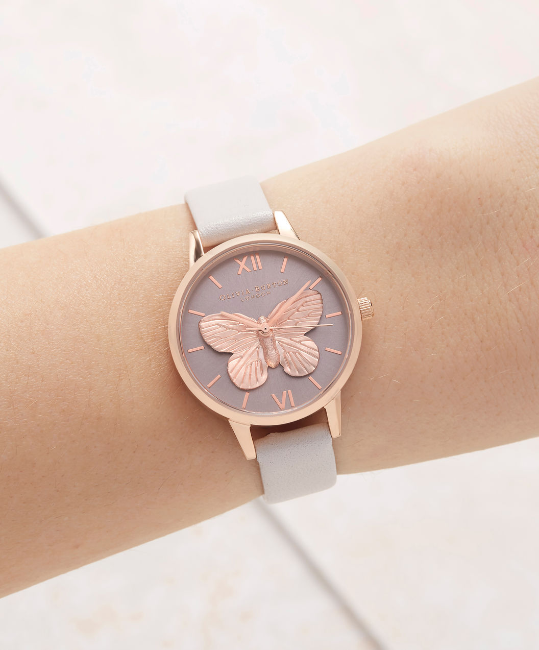 Olivia Burton OB16MB16 3D Butterfly Blush Ladies Dual Color Dial White Leather Strap Machtwatch