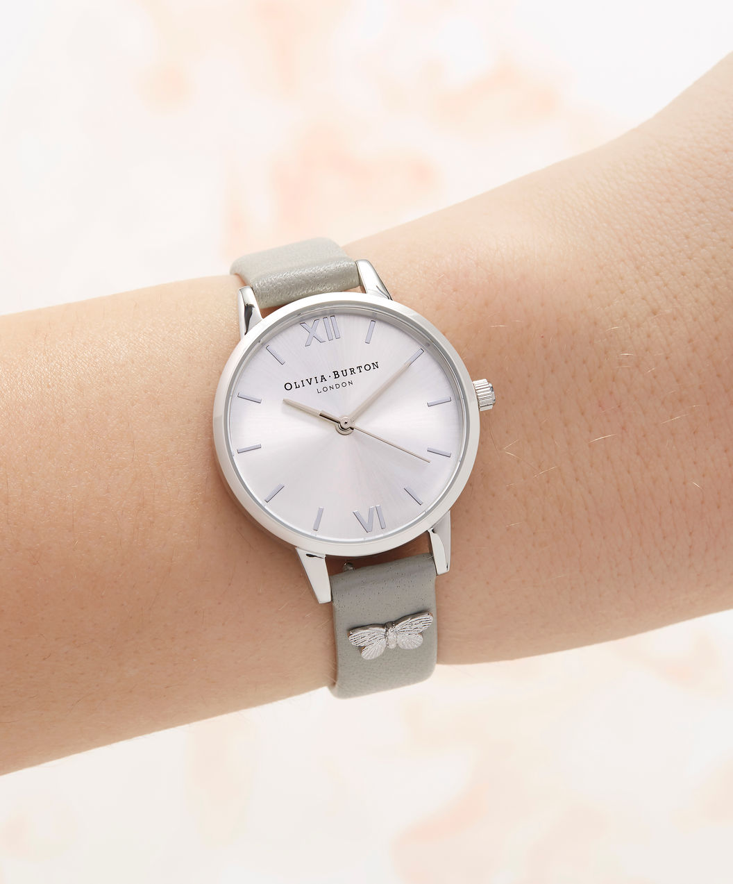 Olivia Burton OB16MD93 Embellished Butterfly Ladies Silver Dial Grey Leather Strap Machtwatch