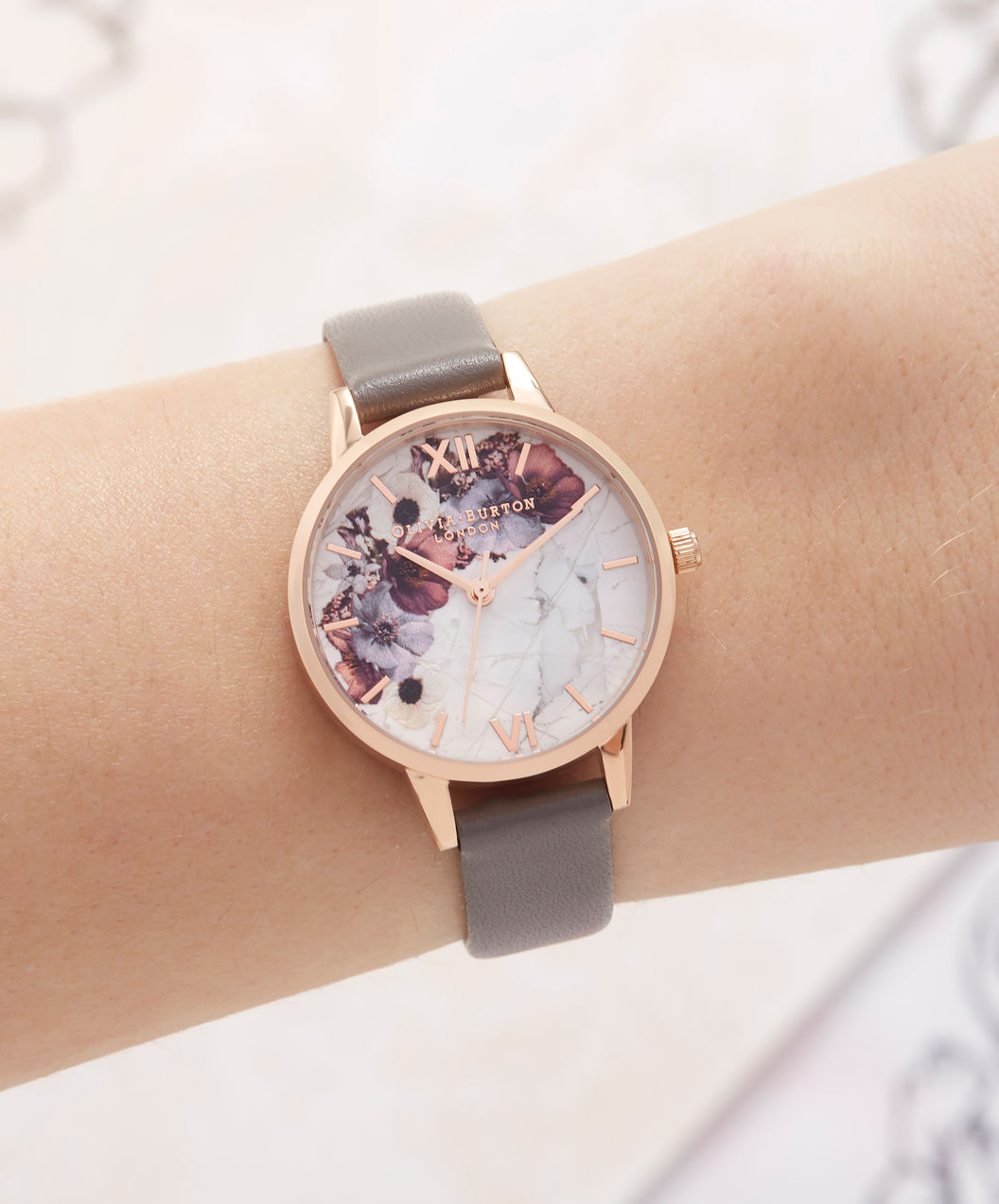 Olivia Burton OB16MF08 Marble Floral London Ladies Multicolor Dial Grey Leather Strap Machtwatch