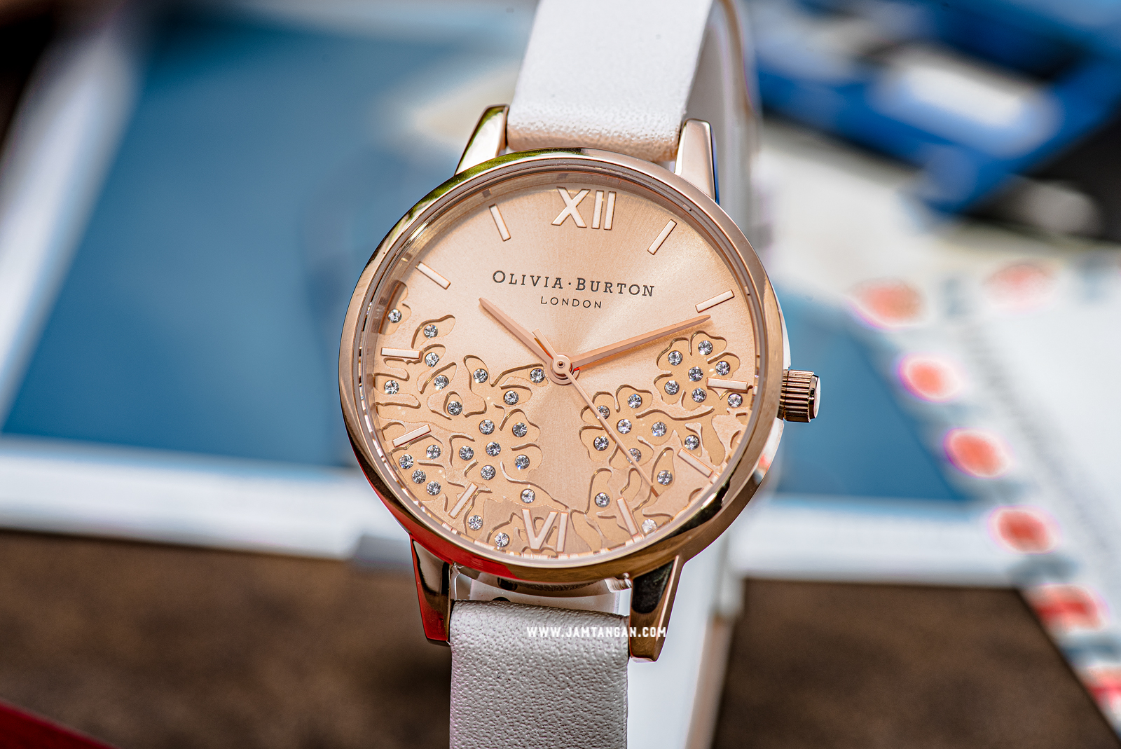 Olivia Burton Bejewelled Lace OB16MV102 Rose Gold Sunray Dial White Leather Strap Machtwatch