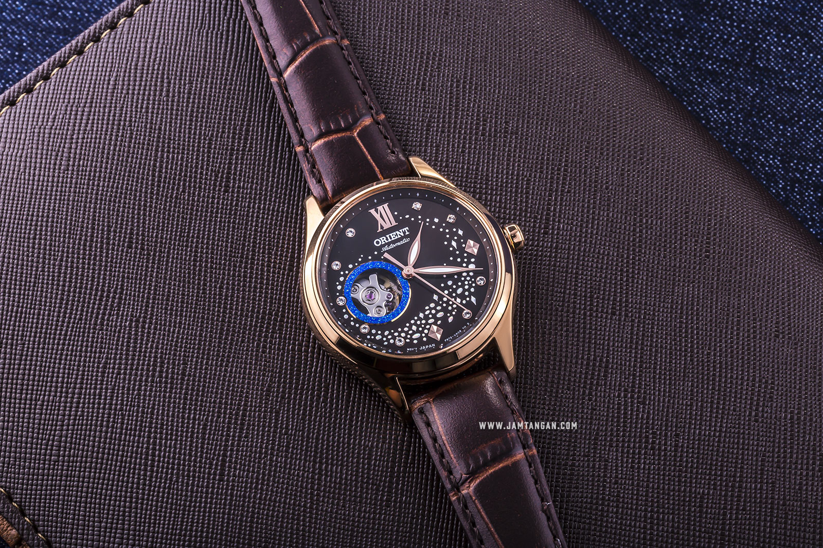 Orient RA-AG0017Y Automatic Blue Moon Open Heart Ladies Black Dial Brown Leather Strap Machtwatch