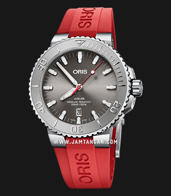 Oris Aquis Date Relief Grey Dial Red Rubber Strap Watch for Men - 0173377304153-0742466EB