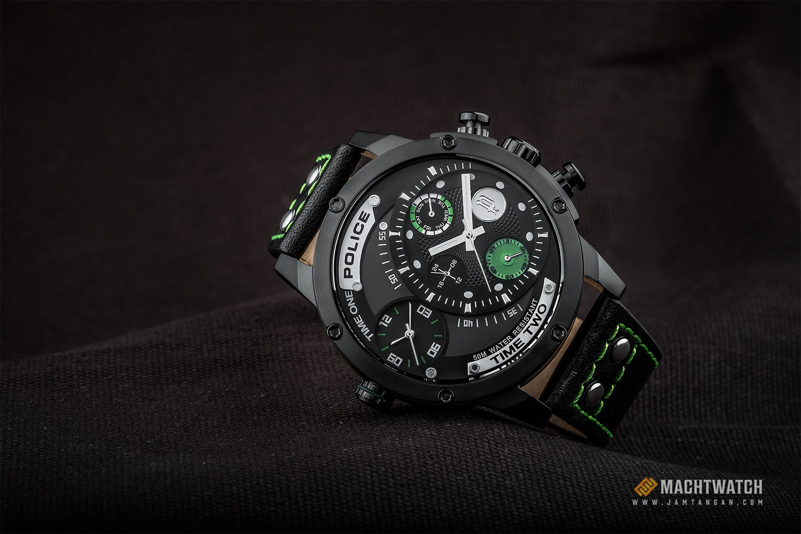 Police Adder PL.14536JSB/02B Chronograph Men Black Dial Black Leather Strap Machtwatch