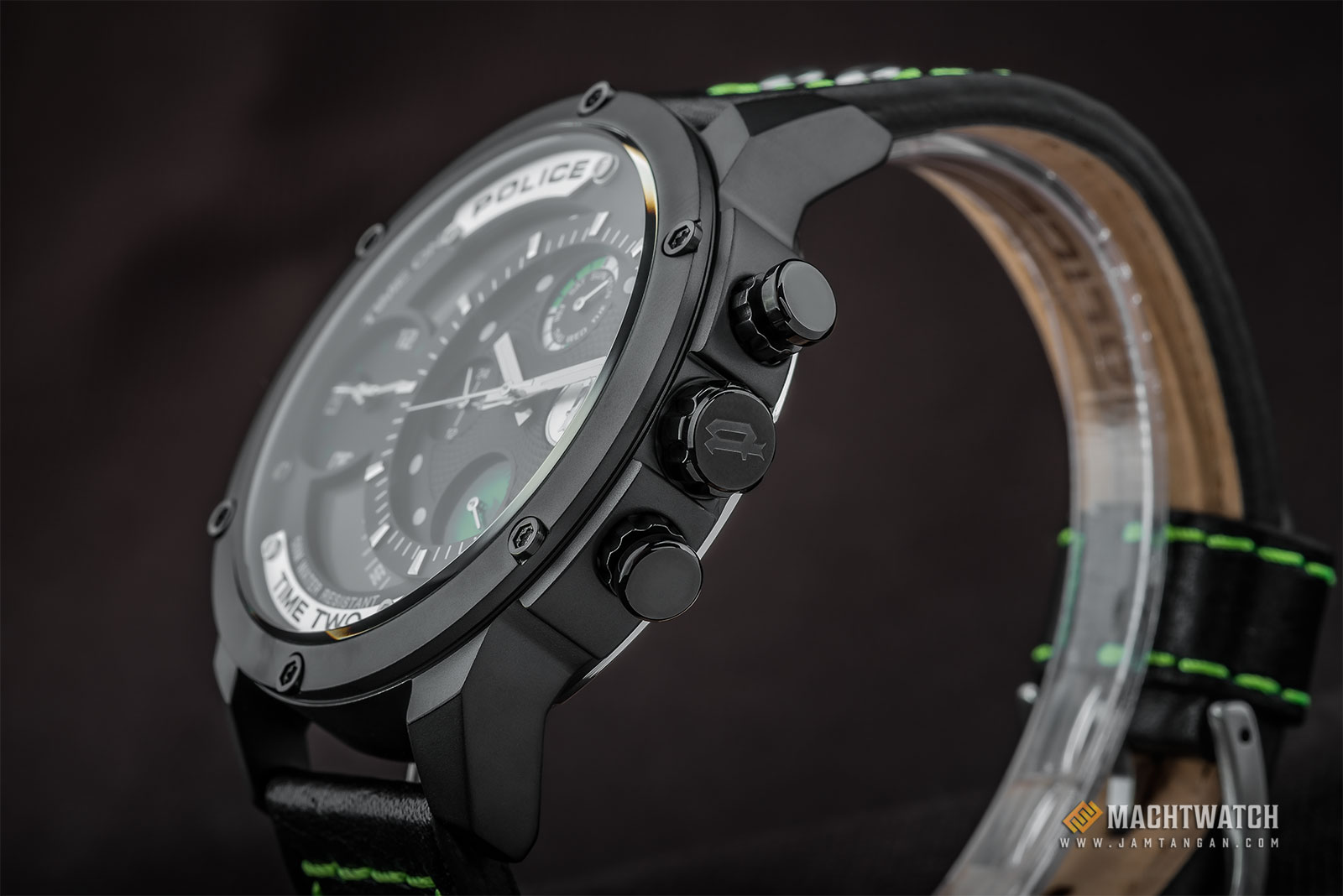 Police Adder PL.14536JSB/02B Chronograph Men Black Dial Black Leather Strap Machtwatch