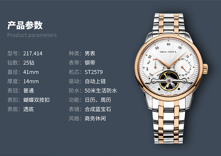Seagull 217.414 Automatic Mechanical Day Date Flyweel Two-Tone Stainless Steel Machtwatch