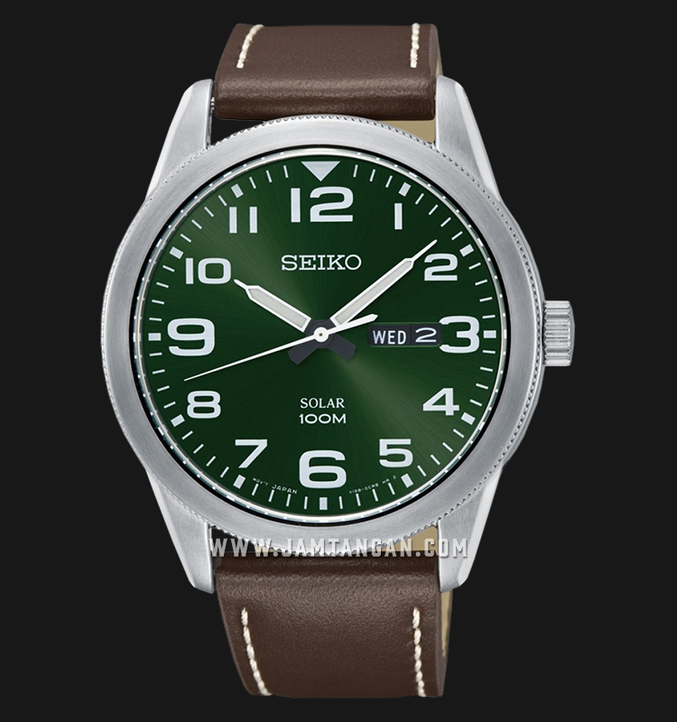 Seiko Solar SNE473P1 Men Green Dial Brown Leather Strap | Jamtangan.com
