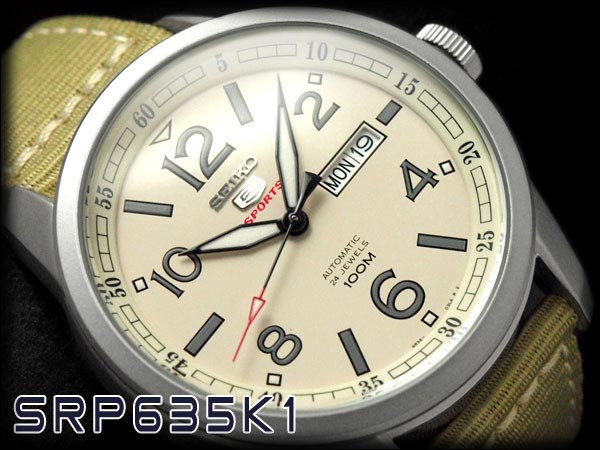 Seiko 5 Sports SRP635K1 Automatic Beige Dial Stainless Steel Case Nylon Strap Machtwatch