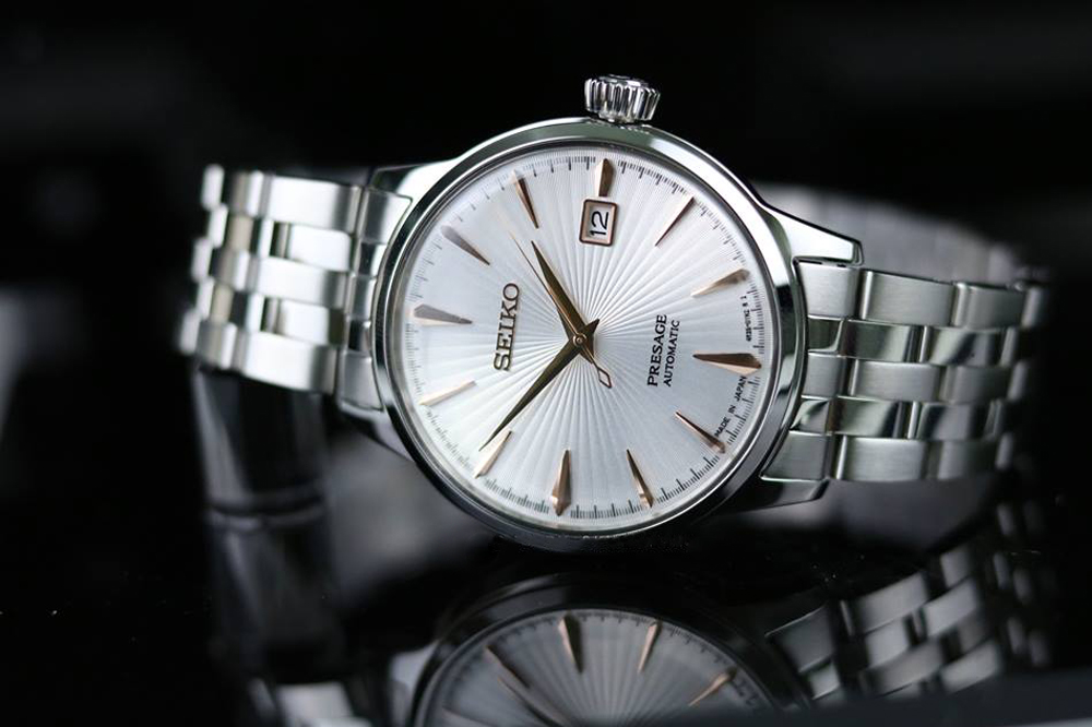 Seiko SRPB47J1 Presage White Sunburst Cocktail Automatic Silver Texture Dial Stainless Steel Strap Machtwatch