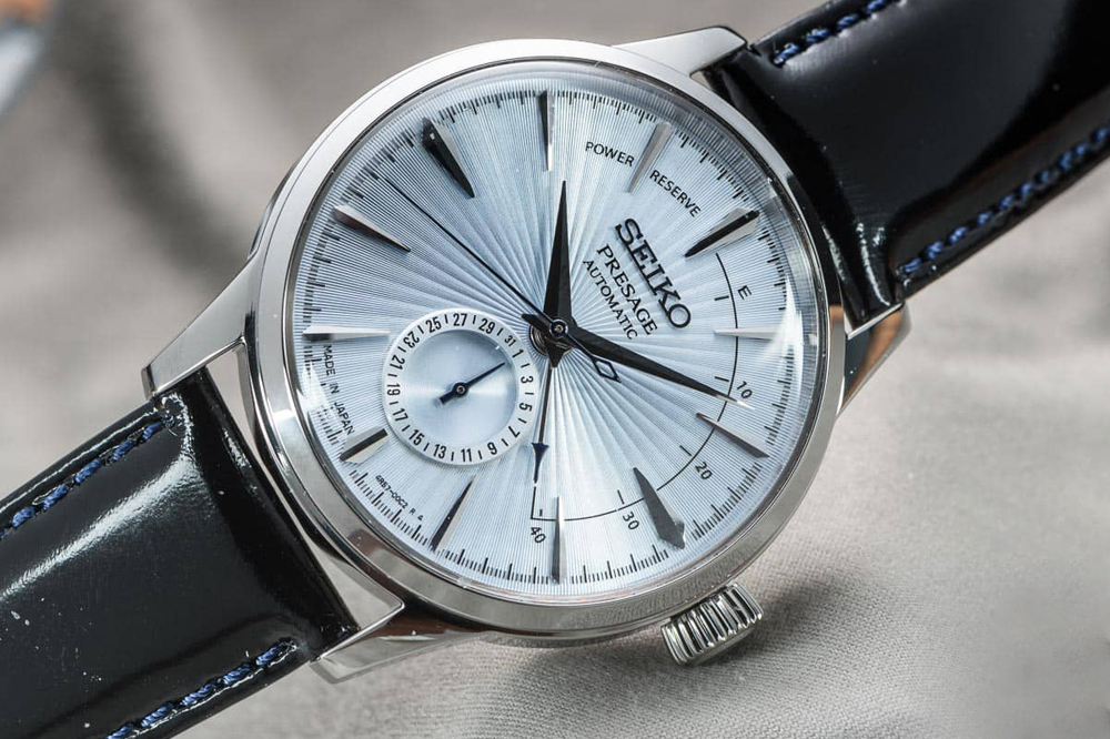 Seiko SSA343J1 Presage SkyDiving Cocktail Automatic Ice Blue Texture Dial Black Leather Strap Machtwatch