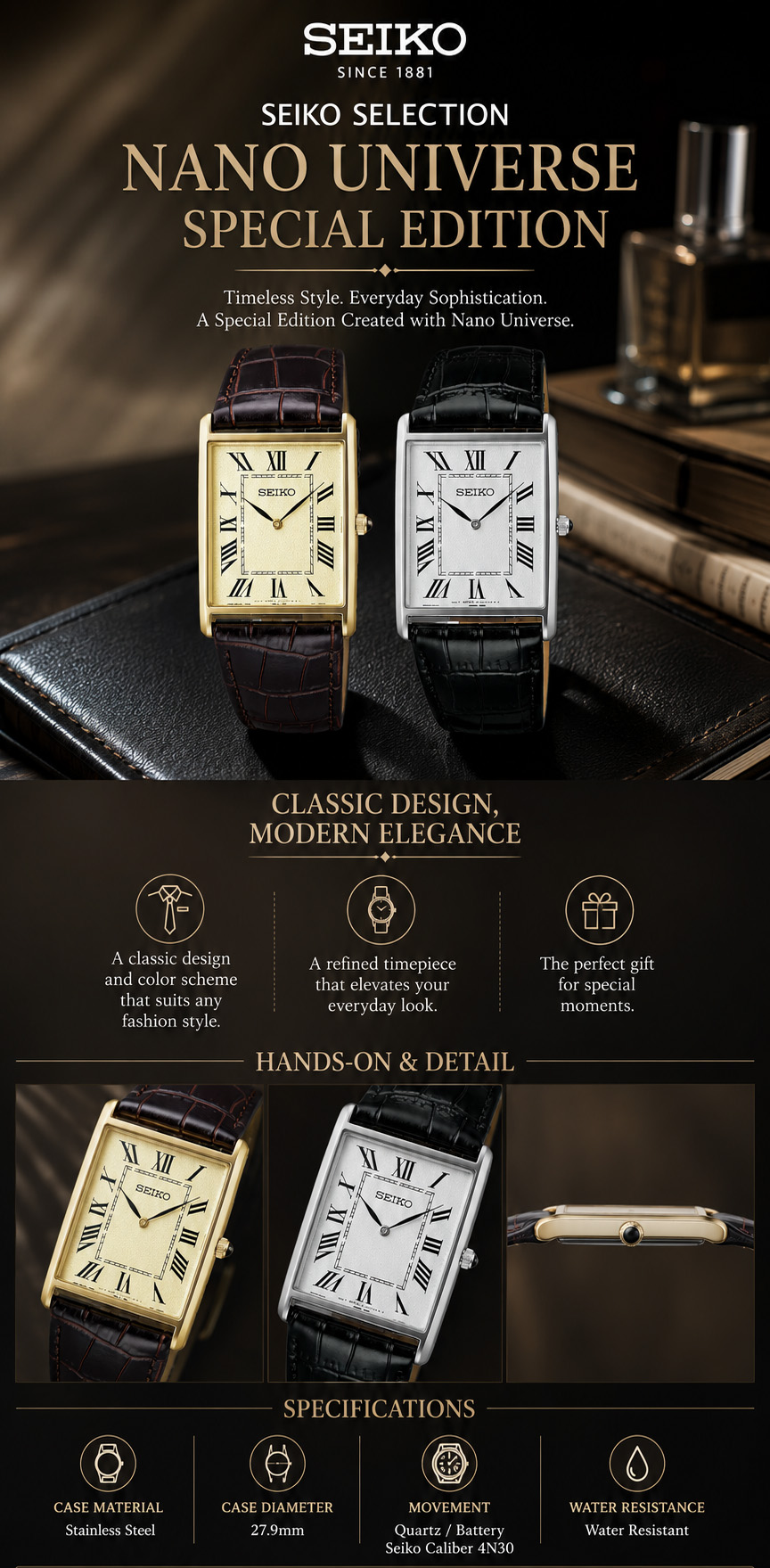 Seiko Selection SSEH020 Nano Universe Gold Dial Brown Leather
