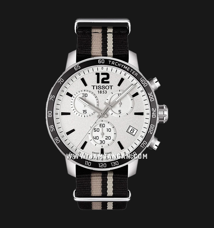TISSOT Quickster T095.417.17.037.10 Chronograph Men Silver Dial Dual Tone  Nylon Strap + Extra Strap | Jamtangan.com