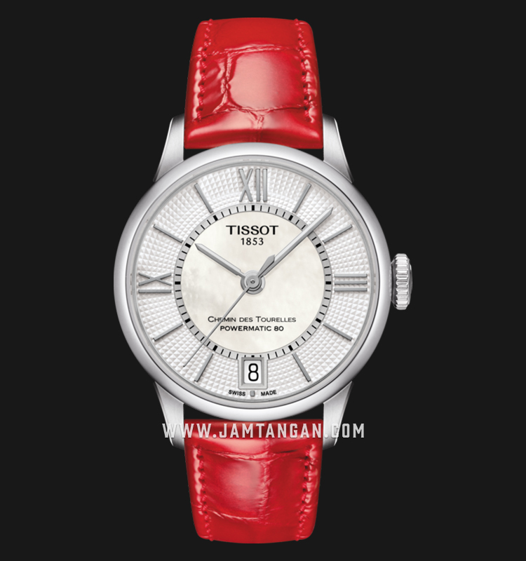 TISSOT Chemin Des Tourelles Powermatic 80 T099.207.16.118.00 White MOP Red  Leather Strap | Jamtangan.com