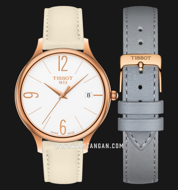TISSOT Bella Ora Round T103.210.36.017.00 White Dial White Leather Strap +  Extra Strap | Jamtangan.com