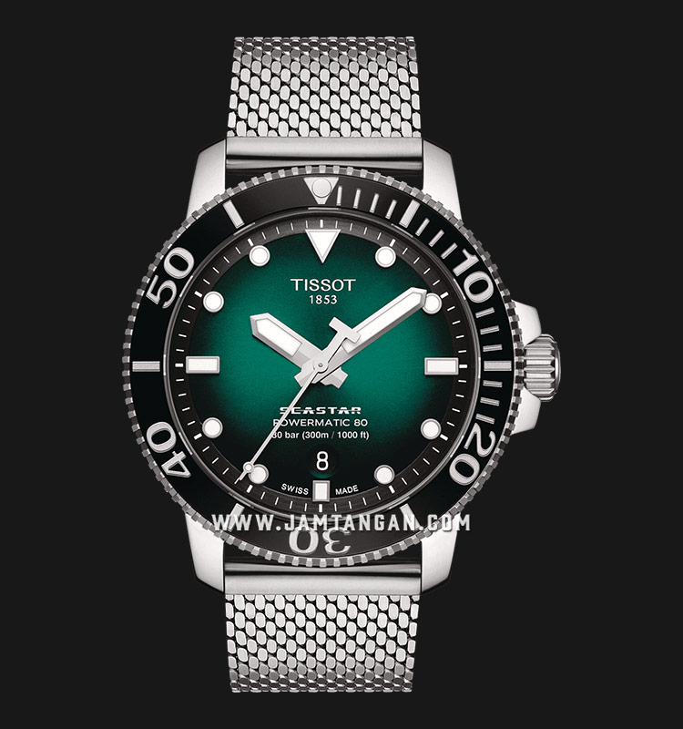 TISSOT Seastar 1000 T120.407.11.091.00 Powermatic 80 Men Graded Green Dial  Mesh Strap | Jamtangan.com
