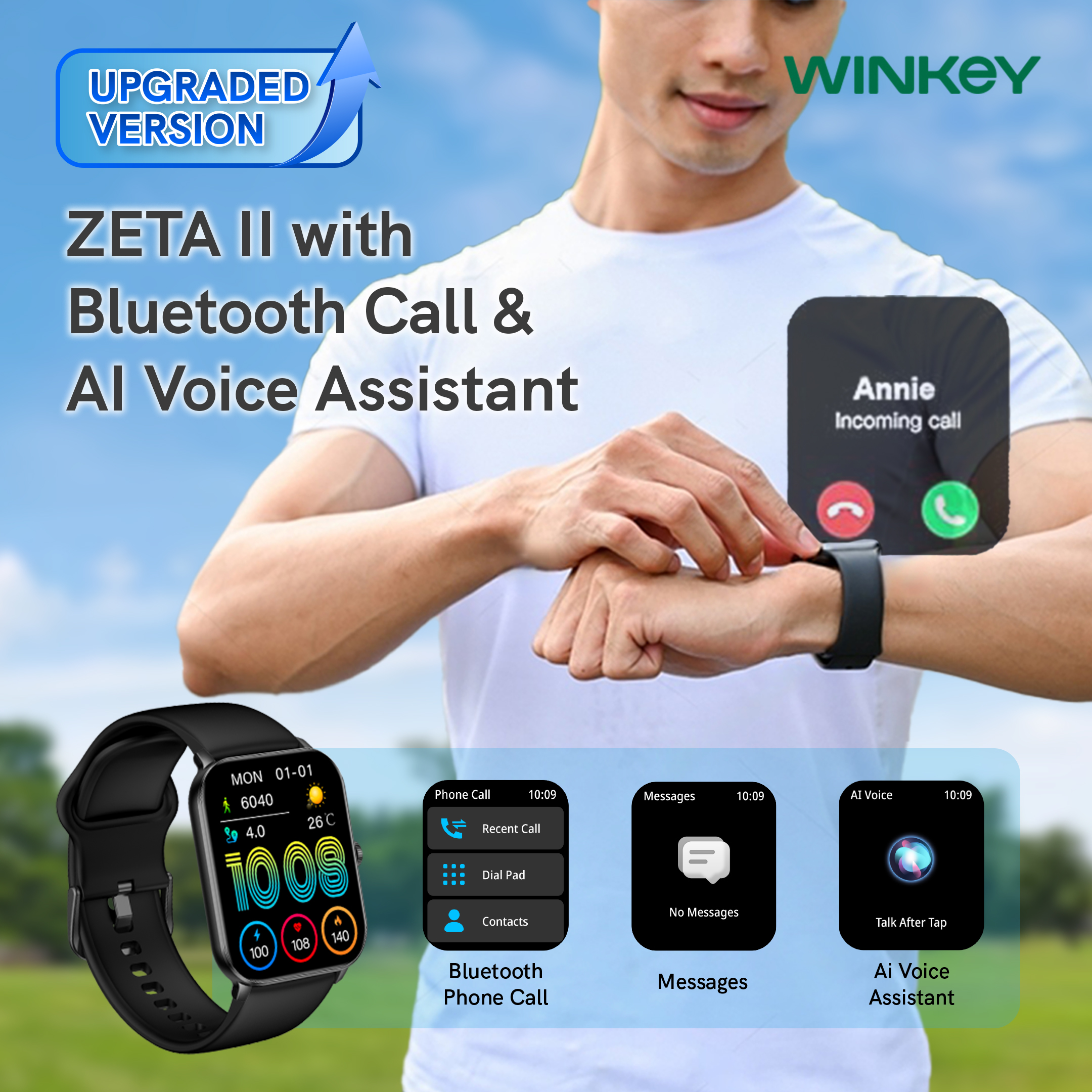 WINKEY SWW02 ZETA2 Smartwatch Bluetooth Call Fitness Tracker IP68 Digital  Dial Black Rubber Strap