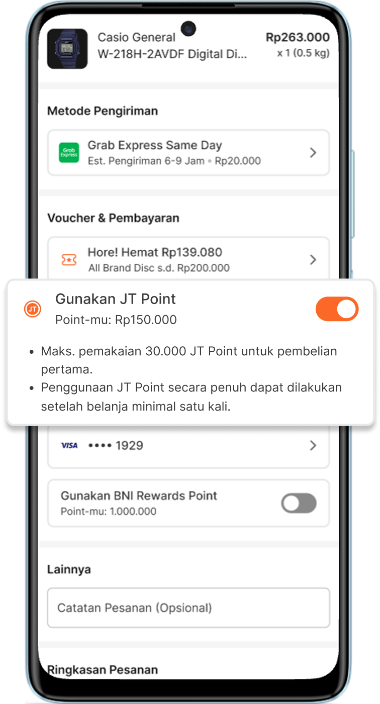Saat Checkout, aktifkan toggle "Gunakan JT Point". Nominal potongan akan menyesuaikan total JT Point yang kamu miliki.