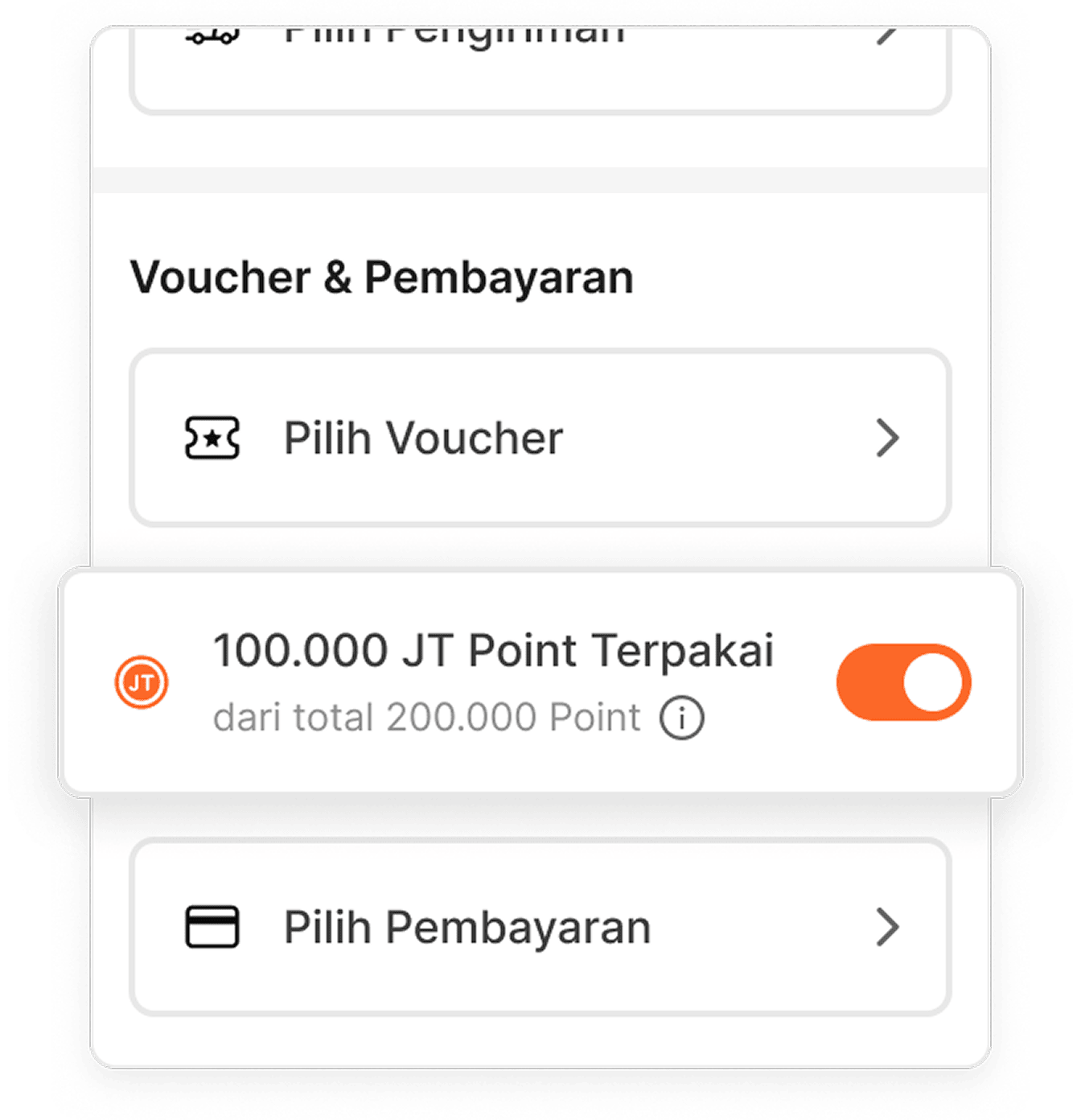 Aktifkan toggle JT Point saat checkout. Total JT point yang terpakai akan otomatis memotong nominal pesanan kamu.